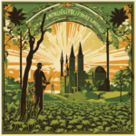 Illustration of a silhouetted figure in a hat, holding branches, standing before a castle in a field with a sunburst background.