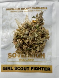 A cannabis bud labeled 