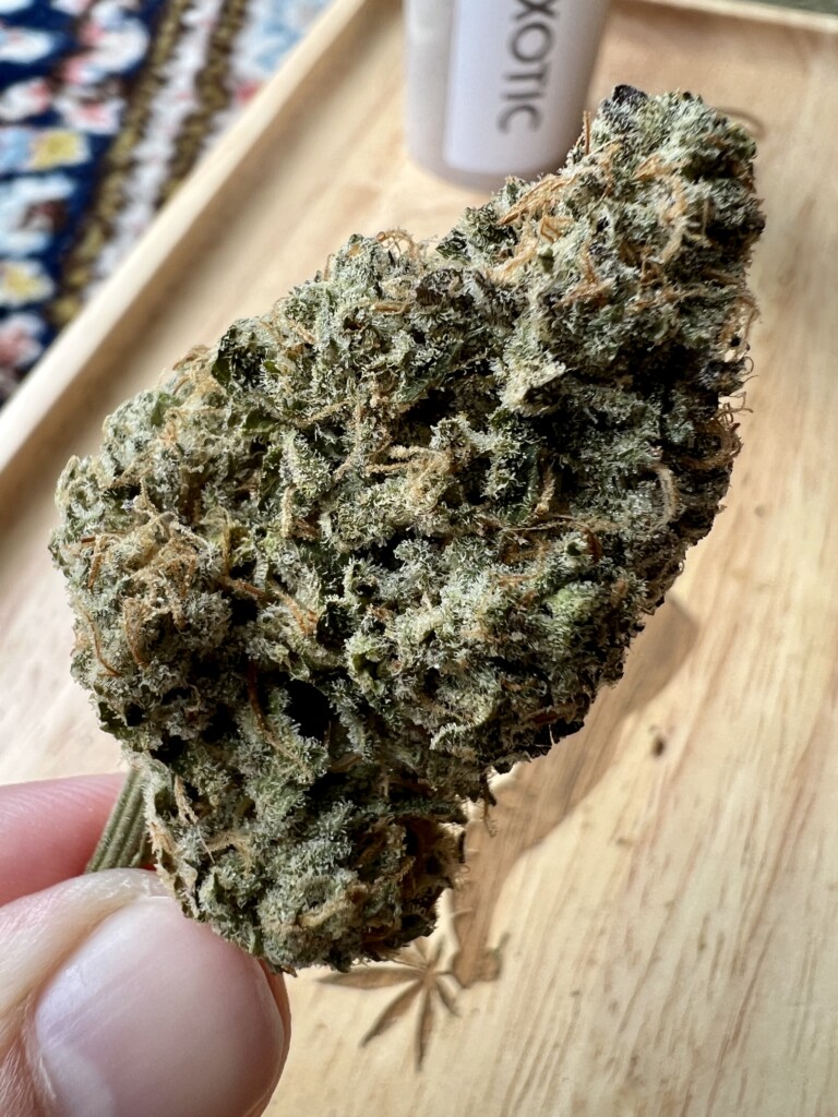 Dense, green cannabis bud held by a hand on a wooden tray, with a white container partially visible.