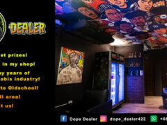 Dope Dealer cannabis shop interior, Ko Chang Thailand. Mural ceiling. Weed, edibles, accessories. Friendly service.