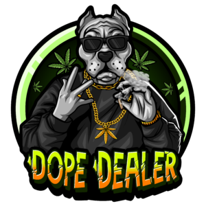 A cartoon-style image of a dog wearing sunglasses and gold chain, smoking a marijuana joint, with "DOPE DEALER" text.