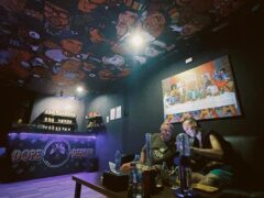 Interior of Dope Dealer cannabis shop, Koh Chang, Thailand, showing lounge area and weed smoking accessories.