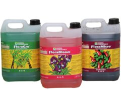 Terra Aquatica nutrients (FloraGro, FloraBloom, FloraMicro) at Greeenfields cannabis shop, Hua Hin, Thailand.