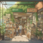 Anime-style shop interior, featuring customers, shelves of products, green sign, and lush greenery.