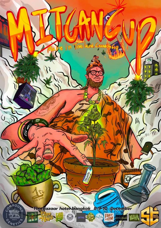 Mitgang Cup" cannabis event poster featuring a caveman-like figure tending a cannabis plant.