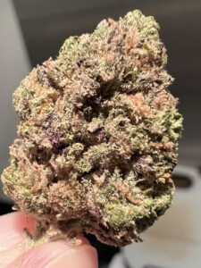 Bud of cannabis with green, purple, and tan hues, held in a person's fingers.