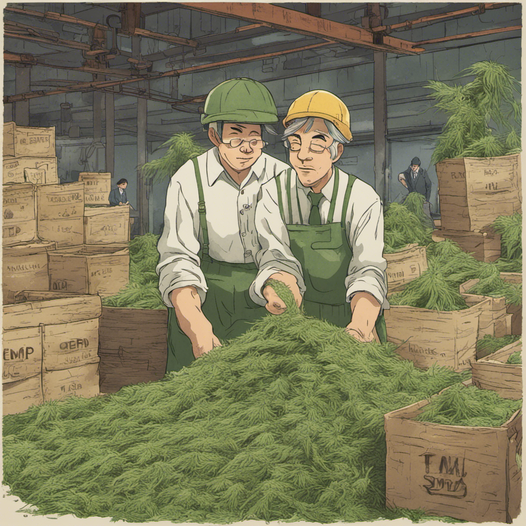 Two workers sort green hemp in a warehouse filled with wooden crates.