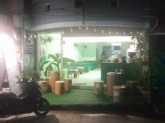 Exterior of StarWeed Dispensaire in Ko Lanta, Thailand, showing the bar and cannabis shop at night.
