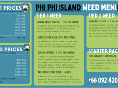 Phi Phi Weed Shop menu showing cannabis flower strains, pre-rolls, and pricing, Koh Phi Phi, Thailand.
