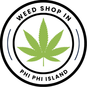Weed shop logo on Phi Phi Island with a cannabis leaf in the center.