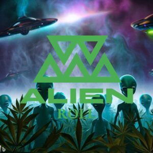 Aliens, UFOs, and cannabis leaves with "Alien Roll" text overlay.