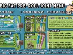 Big Fat Pre-Roll Joint menu, single, double, and triple packs, sativa, indica, and hybrid options available in Thailand.
