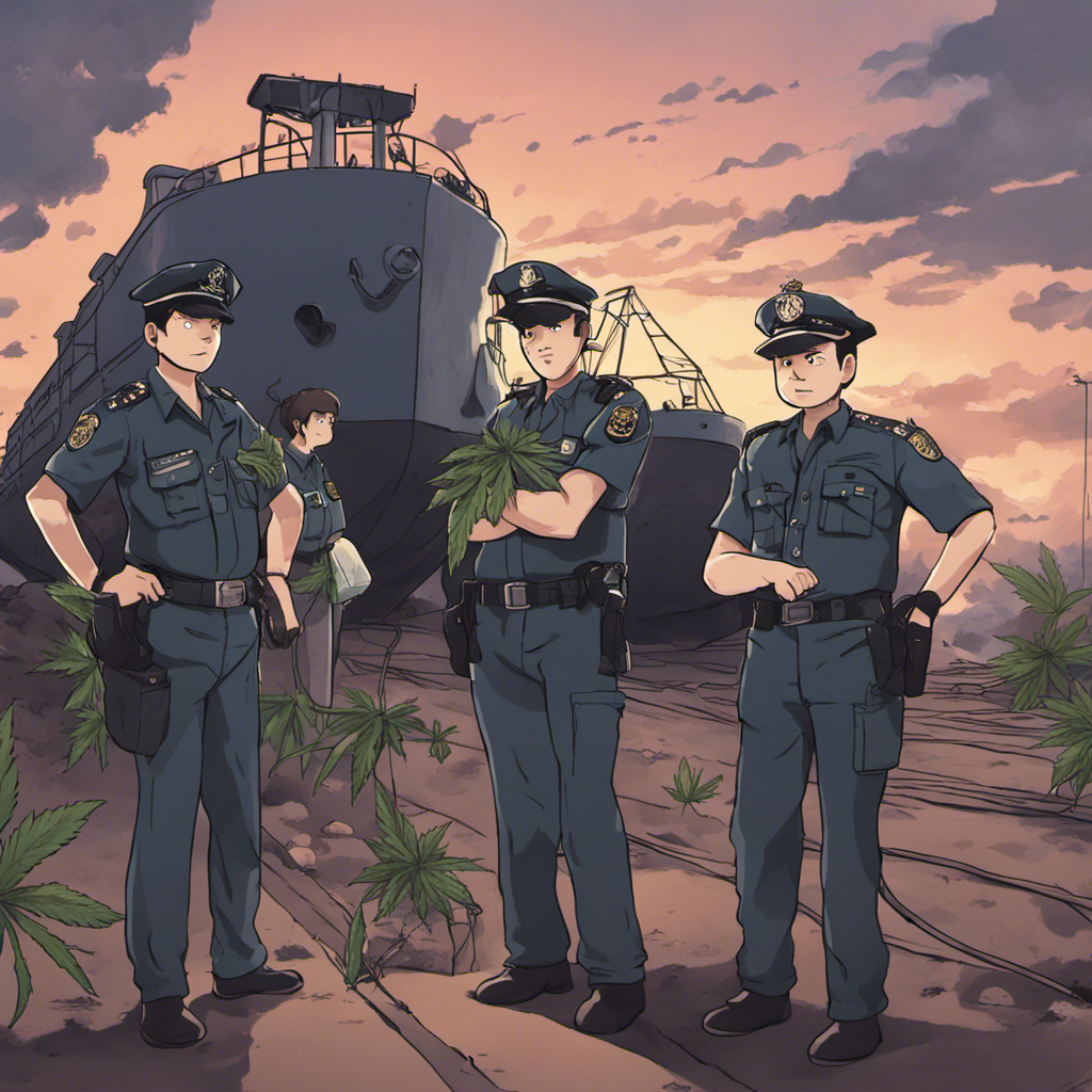 Cartoon: three uniformed officers with marijuana plants near a ship.