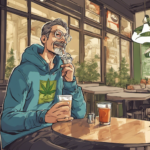 Cartoon of a man in a cannabis hoodie drinking at a cafe table.