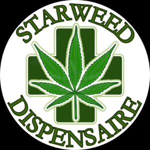 Starweed Dispensaire logo with marijuana leaf and green cross.