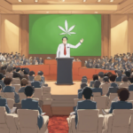 Cartoon of a speaker at a podium with cannabis leaf on screen, audience in suits.