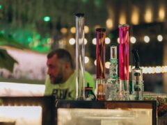 Bongs at Clouds weed shop, Phuket Old Town. Cannabis smoking accessories on display. Thailand marijuana dispensary.