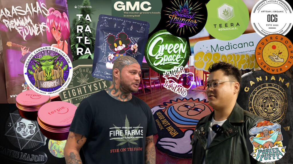 Two men stand amidst cannabis brand logos and packaging.