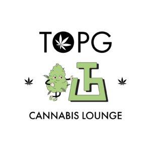 TOPG Cannabis Lounge" logo featuring a cartoon cannabis bud character.