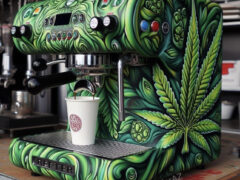 Cannabis-themed espresso machine at WEEDBONG CAFE, Krabi, Thailand, with cannabis leaf design.