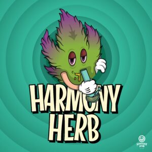 Cartoon marijuana bud with gloves holds a bong above "Harmony Herb" text.