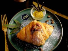 Cannabis-infused croissant at Canna Cafe, Hat Yai. Cannabis leaf garnish and cannabutter. Thailand weed cafe.