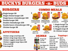 Menu of Buckys Burgers n Buds, offering burgers, combo meals, drinks, and toppings in Pratumnak Soi 5, Pattaya.
