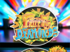 Fruity Diamonds logo, a cannabis shop in Hat Yai, Thailand, with a colorful abstract background.