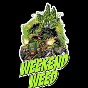 Cartoon cannabis character smoking and driving a hot rod with "Weekend Weed" text.