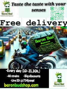 Motorcycle courier with a large cannabis bag navigates city traffic.