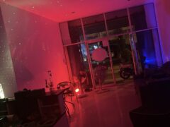 Interior of Fruity Diamonds cannabis shop in Hat Yai, Thailand, with red and blue lighting, open sign visible.