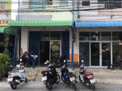 Exterior of Fruity Diamonds cannabis shop in Hat Yai, Thailand, with motorcycles parked out front.