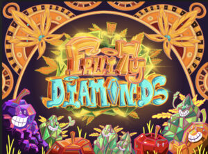 Fruity Diamonds" logo with smiling jewel characters and cannabis leaf accents.
