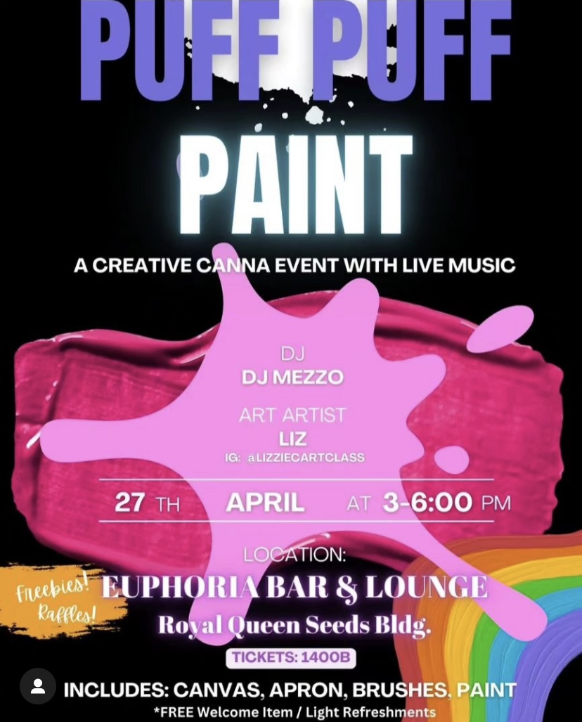 Flyer for a "Puff Puff Paint" creative event with music at Euphoria Bar & Lounge.