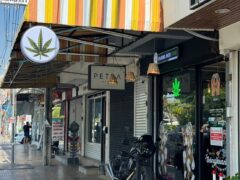 Exterior of Channel Weed Store DMK (Donmueng), with cannabis leaf logo, near Donmueng Airport, Bangkok.