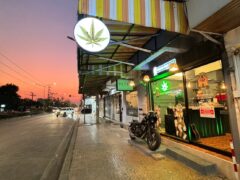 Exterior of Channel Weed Store DMK (Donmueng) near the airport, Bangkok, with cannabis leaf sign and motorcycle.