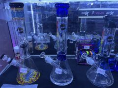 Bongka.BKR cannabis shop in Lat Phrao, Bangkok, showing glass bongs and smoking accessories.
