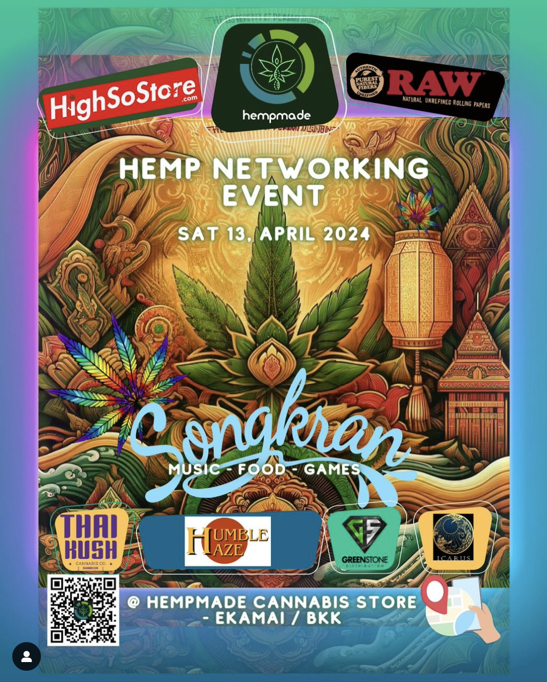 Hemp Networking Event poster with cannabis leaf, Songkran festival, April 13, 2024.