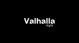 White "Valhalla" text above Arabic script on black background.