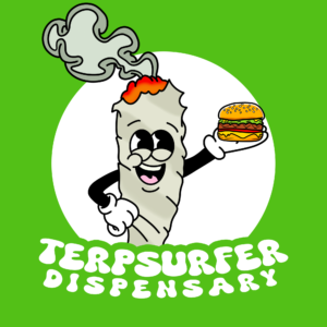 Cartoon joint character holding a burger with "Terpsurfer Dispensary" text.