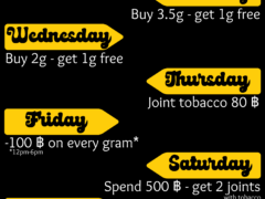 OH Dispensary cannabis shop deals in Khao San, Bangkok, Thailand: daily weed, edibles, and joint promotions.