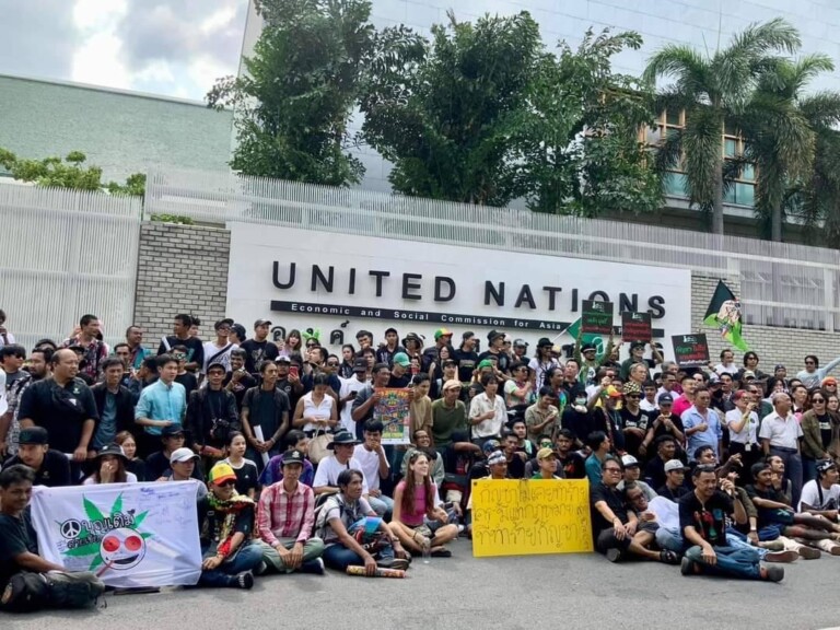 Crowd of people protesting in front of the United Nations building.