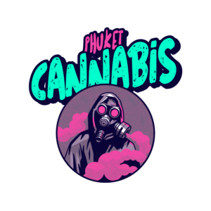 Phuket Cannabis" text with a figure wearing a gas mask amid pink smoke.