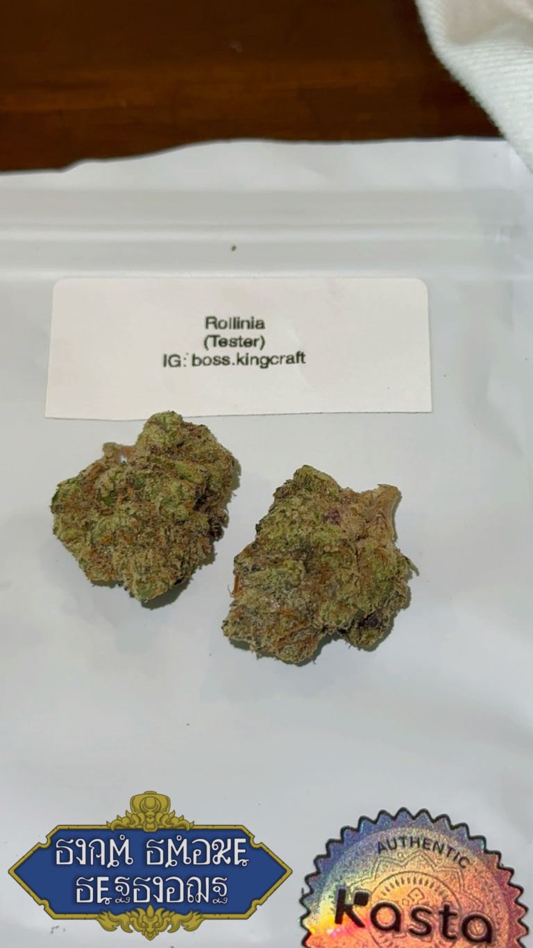 Two cannabis flower buds next to a label reading 
