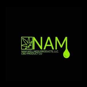 Green NAM wellness, CBD product logo with a cannabis leaf inside a square.
