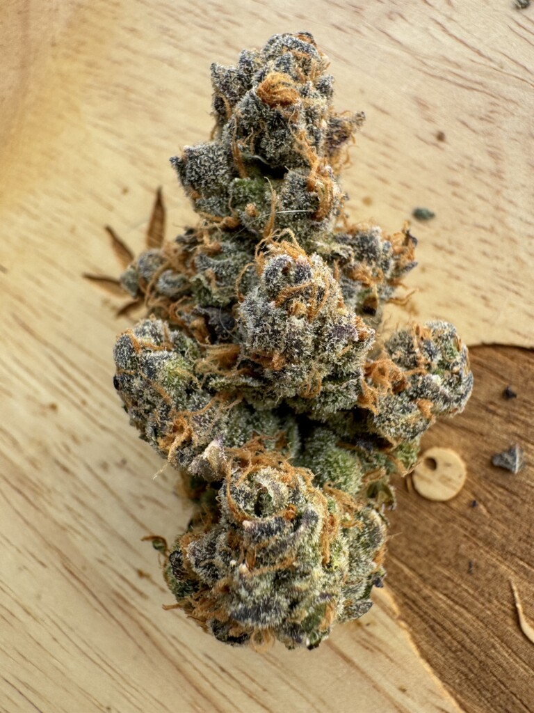 Close-up of a cannabis flower bud on wood.
