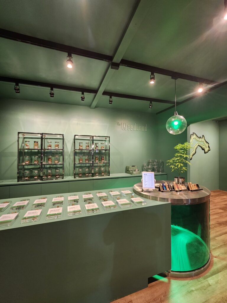 Interior of a cannabis dispensary, featuring product displays and shelves.