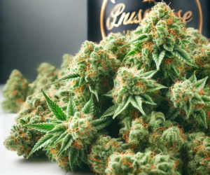 Pile of green cannabis buds with orange hairs.