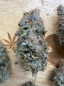 Close-up of cannabis buds on a wooden surface with a carved marijuana leaf and circular design.