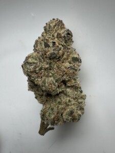 Cannabis bud on a white background. The bud is green, brown, and frosted with trichomes.